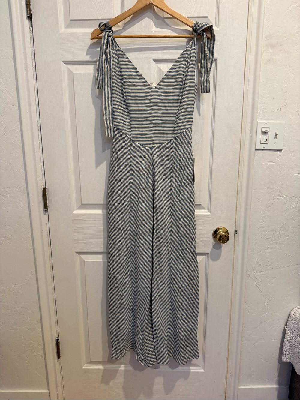 Bohme Tie-Shoulder Striped Maxi Dress in Light Blue and White